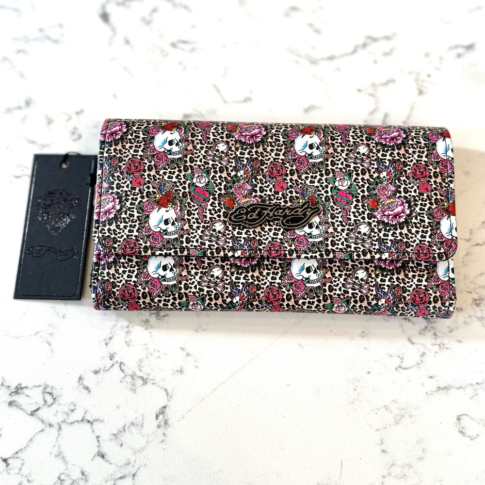 Ed Hardy Pink Floral Leopard Print and Skull Wallet NWT